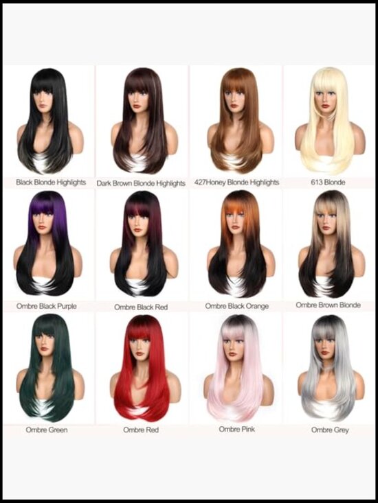 26 Inch Long Straight Wig with Bangs Heat Resistant Synthetic Hair for Party main image 7